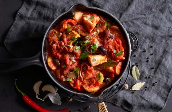 Bacalao med paprika og oliven
