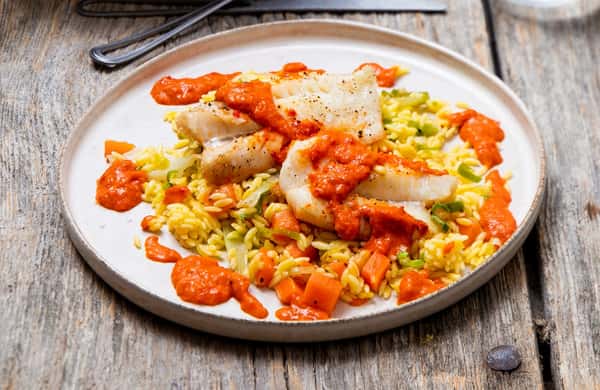 Lyrfilet med risetto-pastasalat, glasert fennikel og paprikasaus