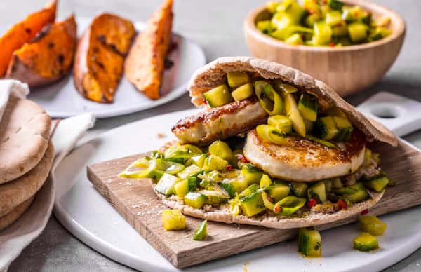 Fiskeburger i pita med agurk- og mangosalsa