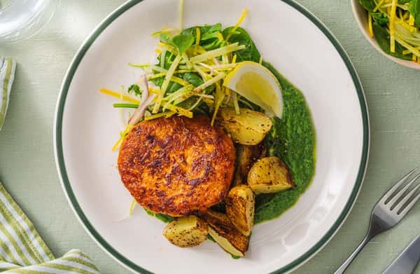 Ørretburger med bakte poteter, bete- og eplesalat og purrekrem